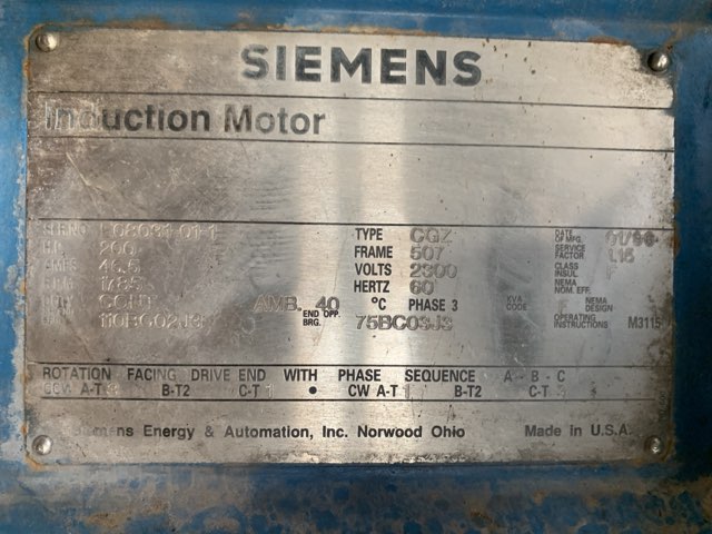 Siemens 200 HP 1800 RPM 507S Squirrel Cage Motors 85154