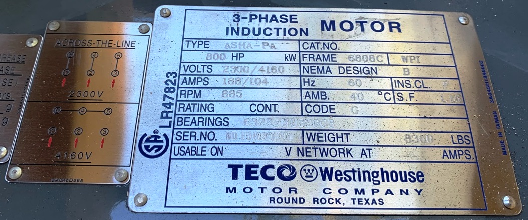 Teco Westinghouse 800 HP 900 RPM 6808C Squirrel Cage Motors 85157