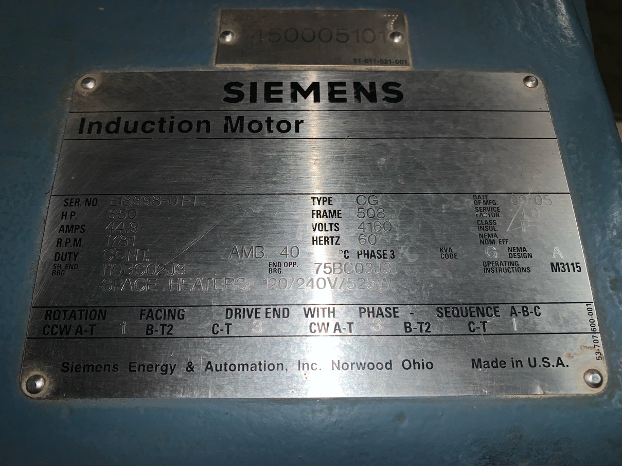 Siemens 350 HP 1800 RPM 508 Squirrel Cage Motors 85183