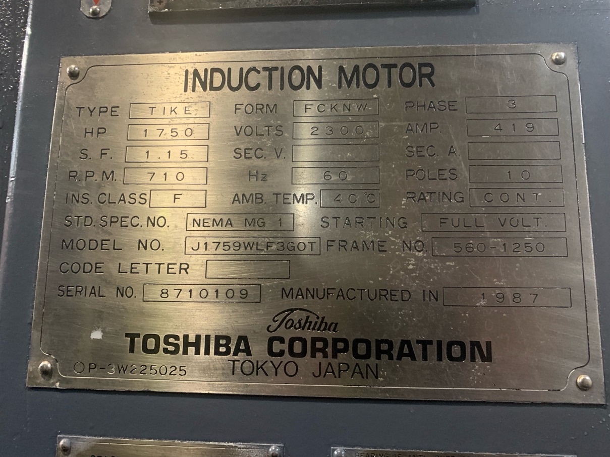Toshiba 1750 HP 720 RPM 560-1250 Squirrel Cage Motors 85193