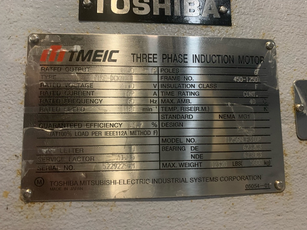 Toshiba 1250 HP 1200 RPM 450-1250 Squirrel Cage Motors 85194