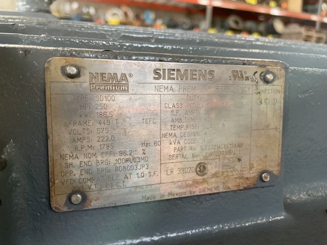 Siemens 250 HP 1800 RPM 449T Squirrel Cage Motors 85216