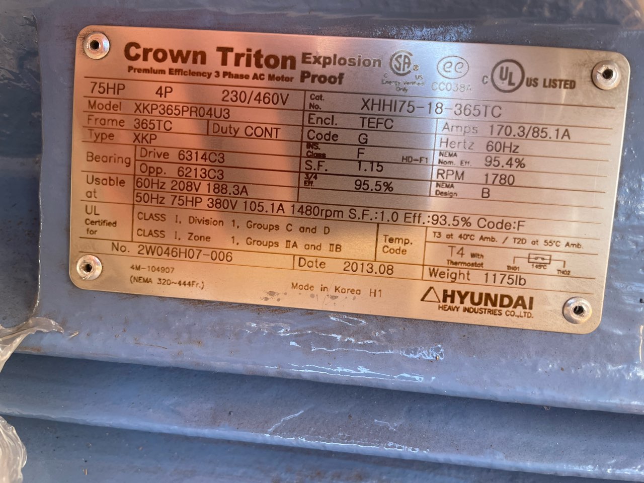 Hyundai 75 HP 1800 RPM 365TC Squirrel Cage Motors 85345