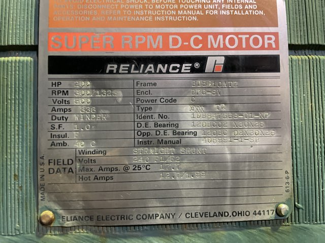 Reliance 200 HP 300/1325 RPM BB5810ATZ DC Motors 85425