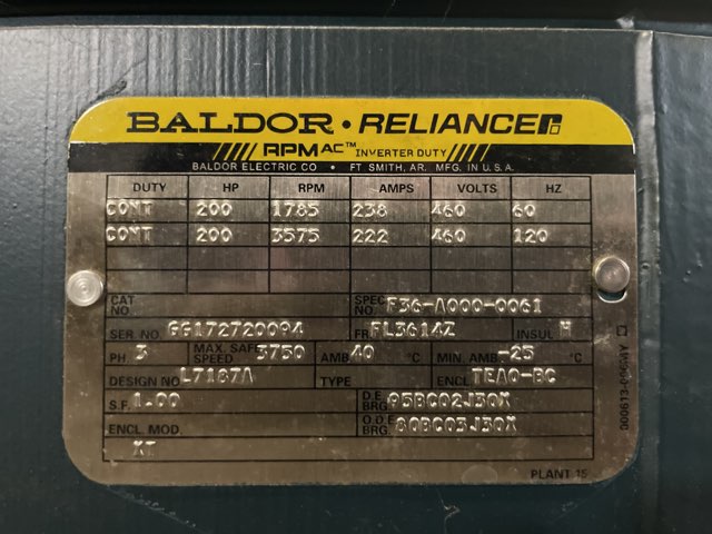Baldor-Reliance 200 HP 1800 RPM FL3614Z Squirrel Cage Motors 85453