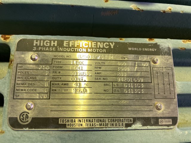 Toshiba 250 HP 3600 RPM 505USS Squirrel Cage Motors 85793