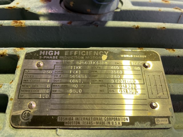 Toshiba 250 HP 3600 RPM 505USS Squirrel Cage Motors 85794