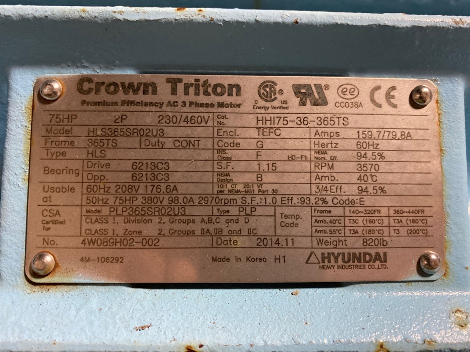 Hyundai 75 HP 3600 RPM 365TS Squirrel Cage Motors 85908