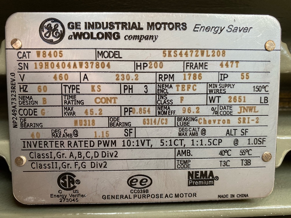 General Electric 200 HP 1800 RPM 447T Squirrel Cage Motors 85952
