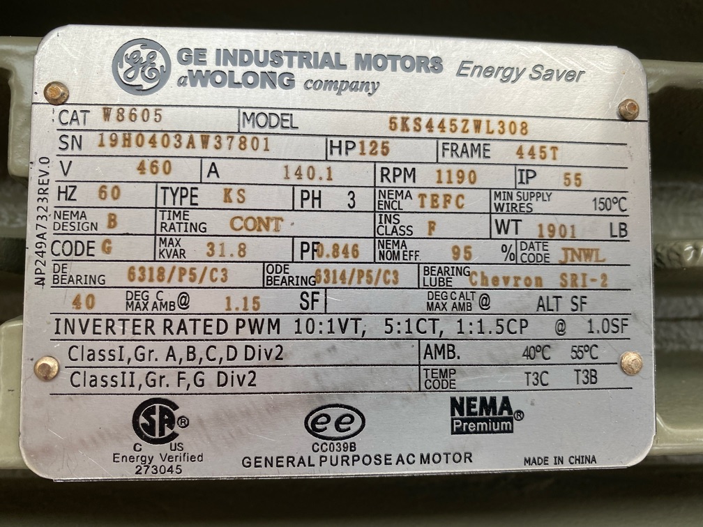 General Electric 125 HP 1200 RPM 445T Squirrel Cage Motors 85959