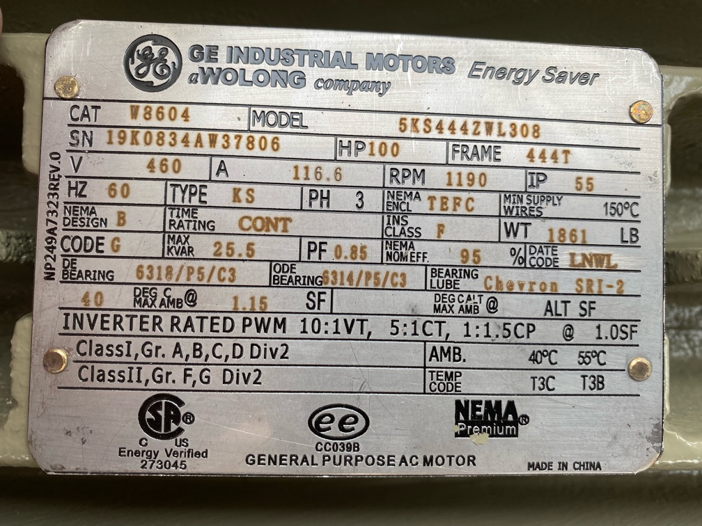 General Electric 100 HP 1200 RPM 444T Squirrel Cage Motors 85964