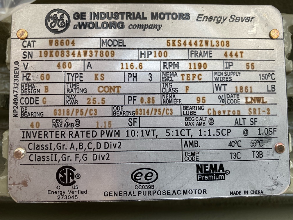 General Electric 100 HP 1200 RPM 444T Squirrel Cage Motors 85965