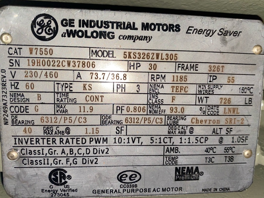General Electric 30 HP 1200 RPM 326T Squirrel Cage Motors 85985