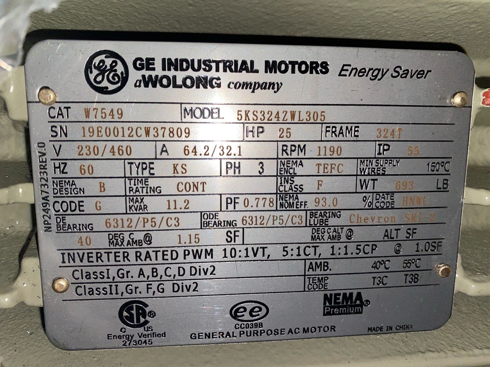 General Electric 25 HP 1200 RPM 324T Squirrel Cage Motors 85989