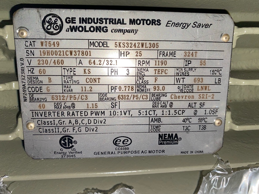 General Electric 25 HP 1200 RPM 324T Squirrel Cage Motors 85992