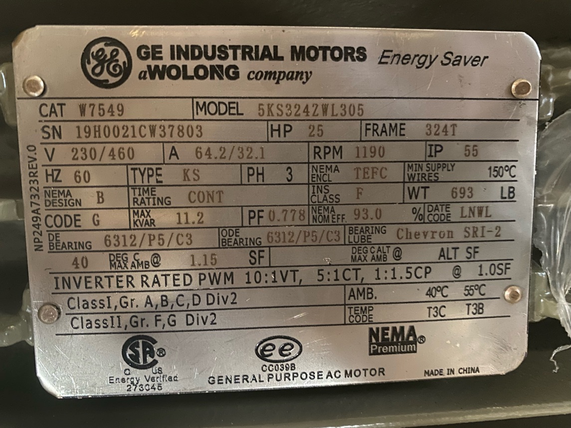 General Electric 25 HP 1200 RPM 324T Squirrel Cage Motors 85993