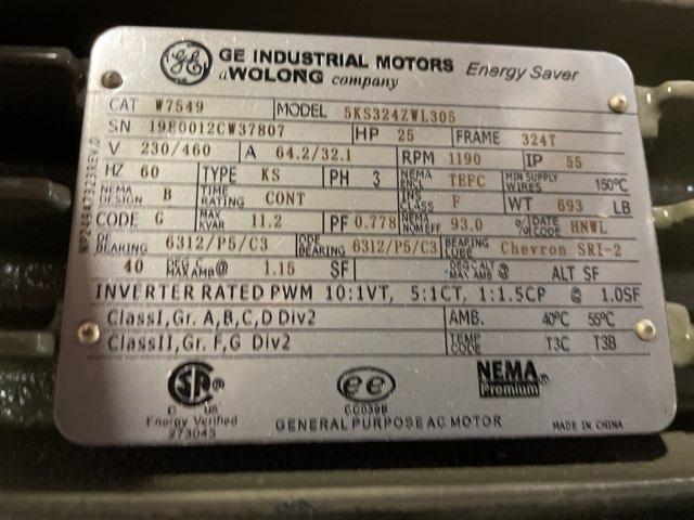General Electric 25 HP 1200 RPM 324T Squirrel Cage Motors 85996
