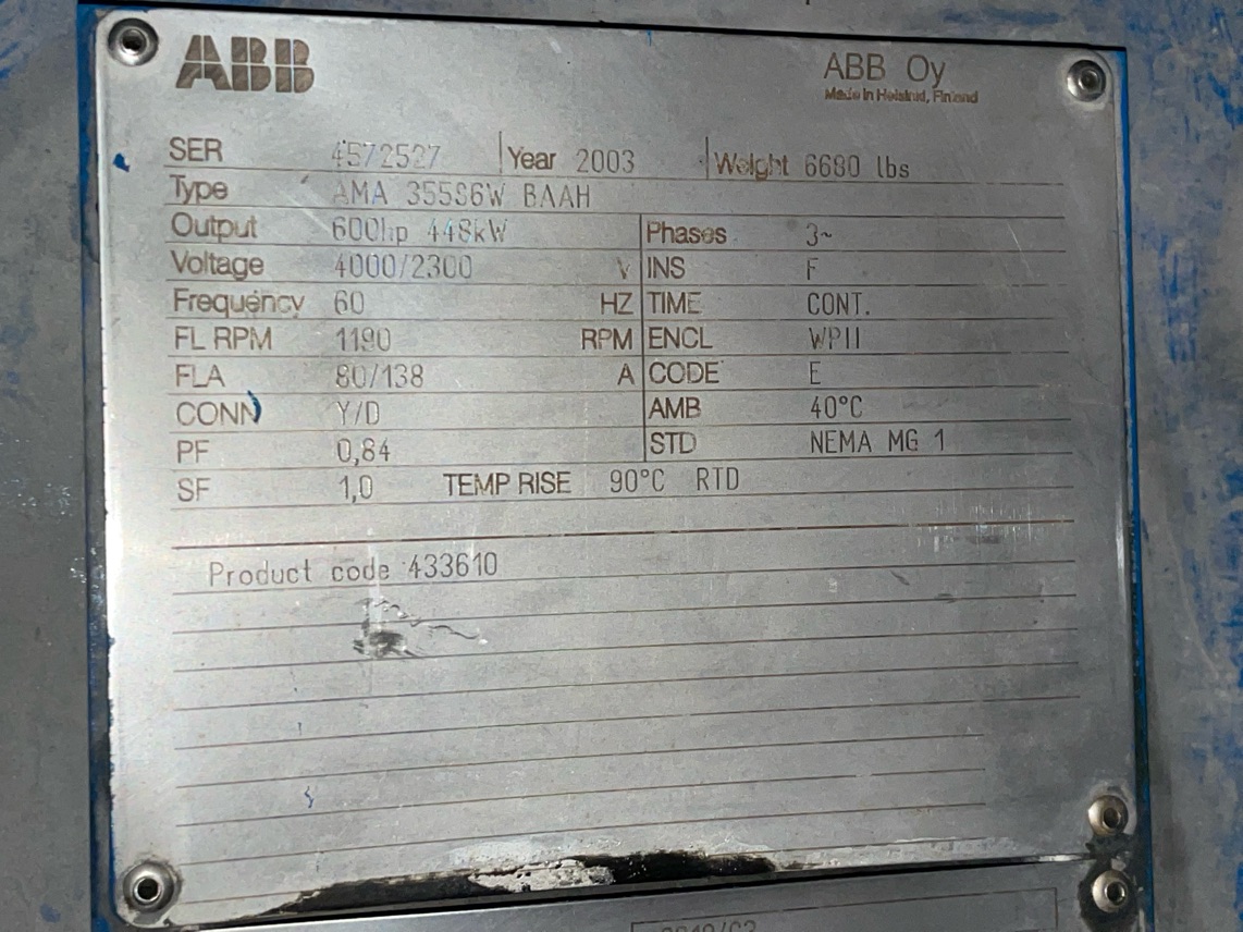 ABB 600 HP 1200 RPM 355S Squirrel Cage Motors 86006