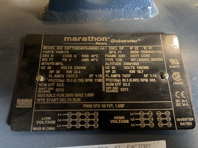 Marathon 30 HP 1200 RPM 326T Squirrel Cage Motors 86052