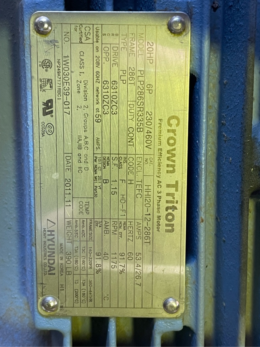 Hyundai 20 HP 1200 RPM 286T Squirrel Cage Motors 86452