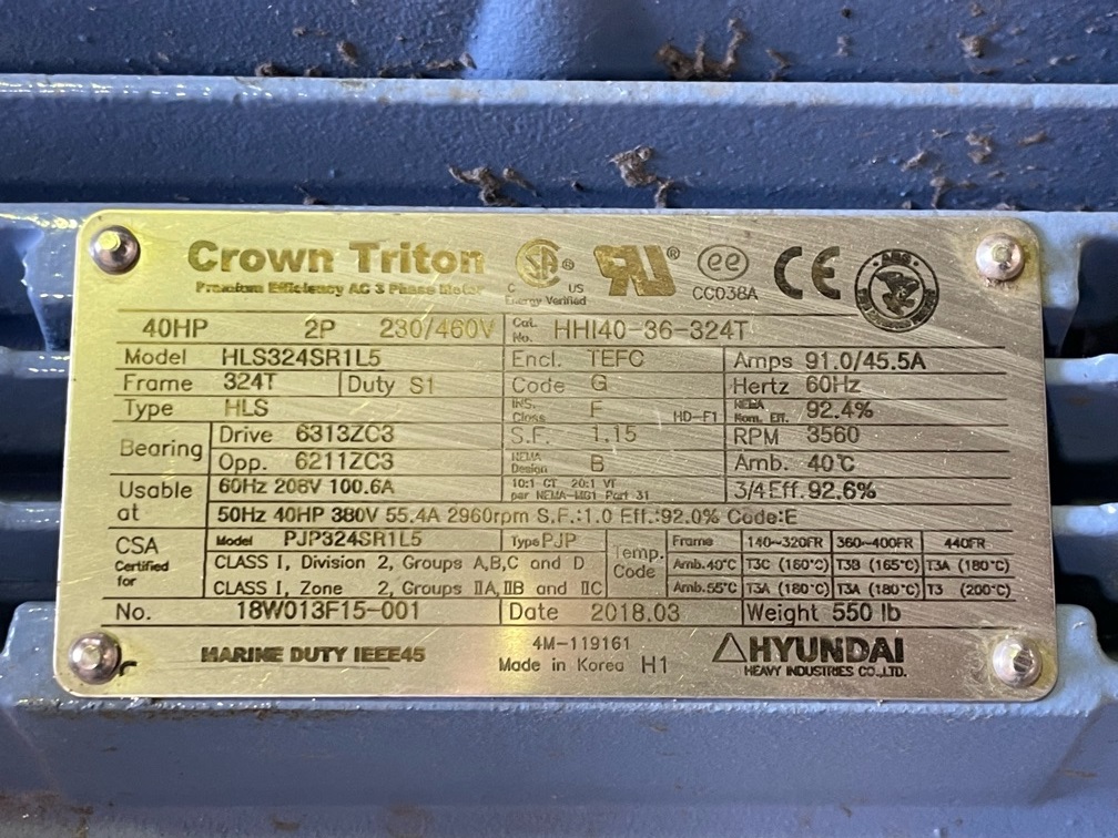 Hyundai 40 HP 3600 RPM 324T Squirrel Cage Motors 86453