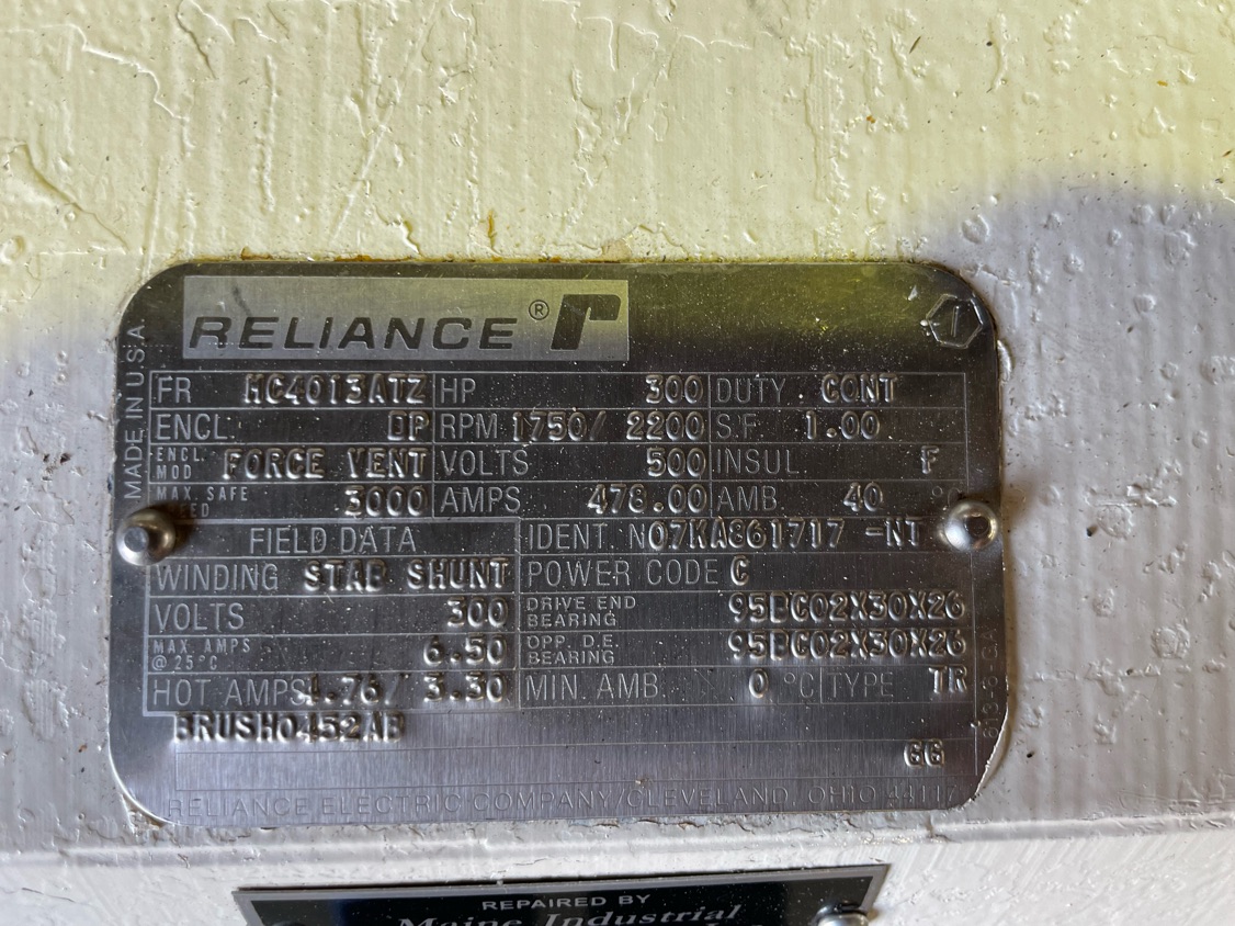Reliance 300 HP 1750/2200 RPM MC4013ATZ DC Motors 86615