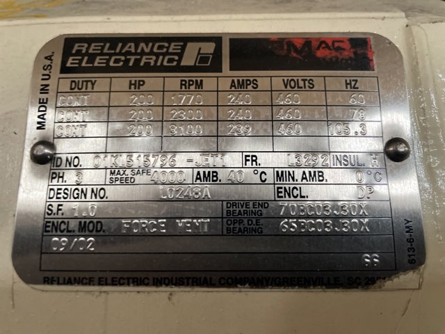 Reliance 200 HP 1800 RPM L3292 Squirrel Cage Motors 86821
