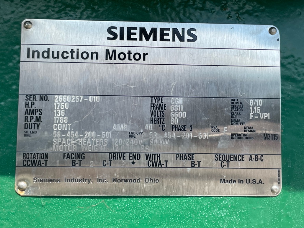 Siemens 1750 HP 1800 RPM 6811 Squirrel Cage Motors 87175