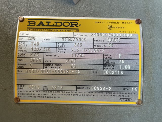 Baldor 200 HP 1150/2000 RPM 508AT DC Motors 87202