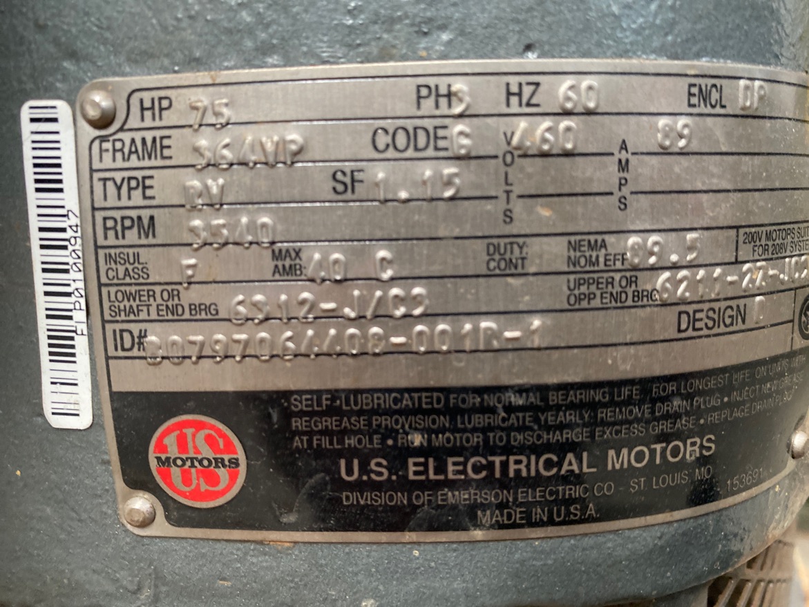 US Electric 75 HP 3540 RPM 364VP Vertical Motors 87296