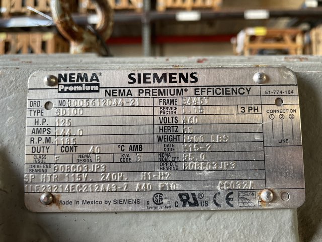 Siemens 125 HP 1200 RPM 445T Squirrel Cage Motors 87318