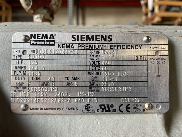 Siemens 125 HP 1200 RPM 445T Squirrel Cage Motors 87319