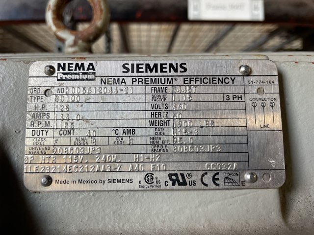 Siemens 125 HP 1200 RPM 445T Squirrel Cage Motors 87320