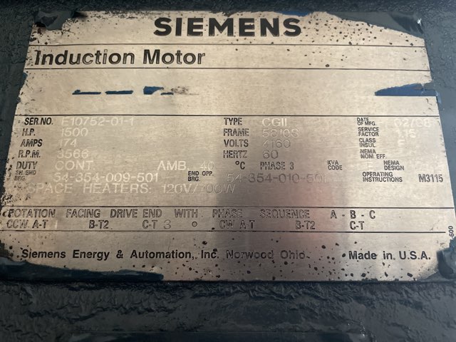 Siemens 1500 HP 3600 RPM 5810S Squirrel Cage Motors 87331