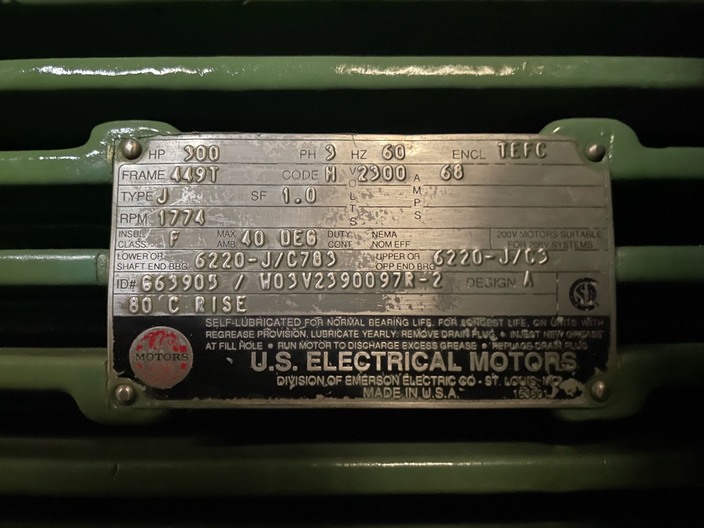 US Electric 300 HP 1800 RPM 449T Squirrel Cage Motors 87399