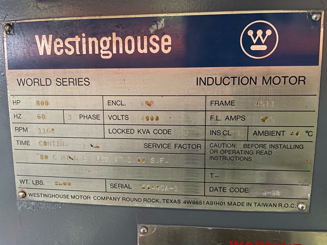 Westinghouse 800 HP 1200 RPM 4511 Squirrel Cage Motors 87486