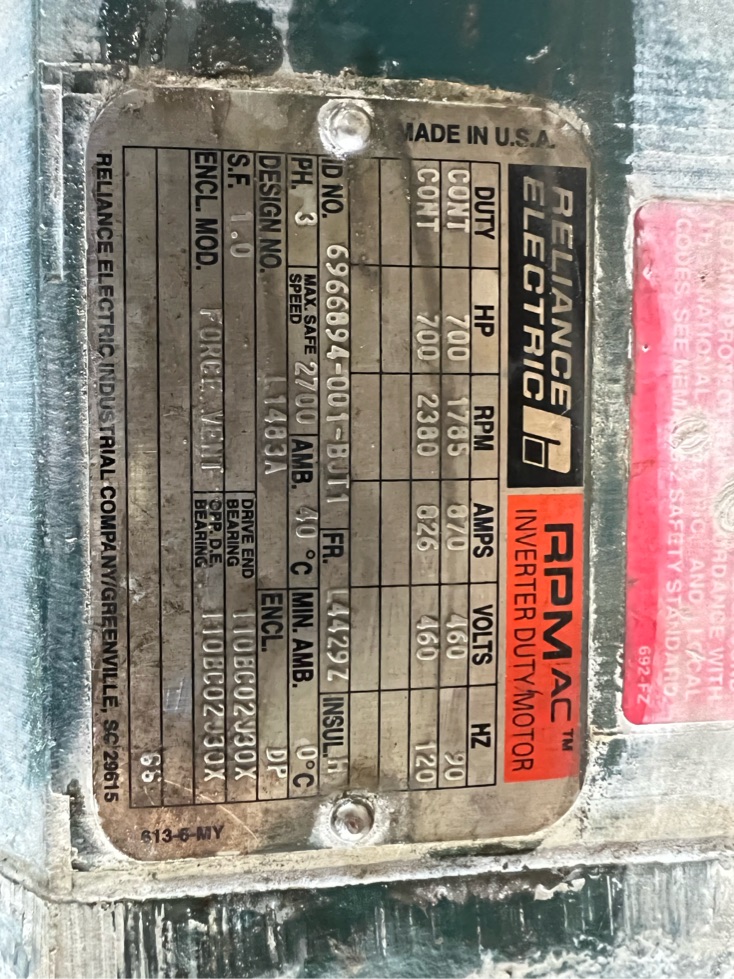 Reliance 700 HP 1200 RPM L4429Z Squirrel Cage Motors 87576