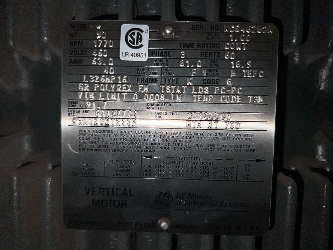 General Electric 50 HP 1770 RPM L326HP16 Vertical Motors 87582