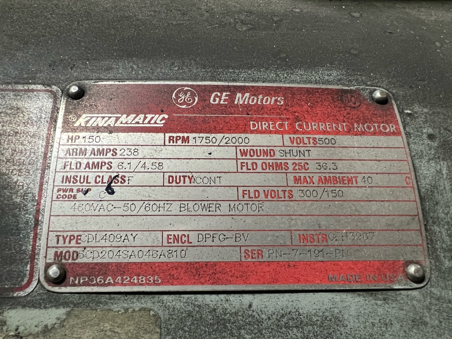 General Electric 150 HP 1750/2000 RPM 409AT DC Motors 87597