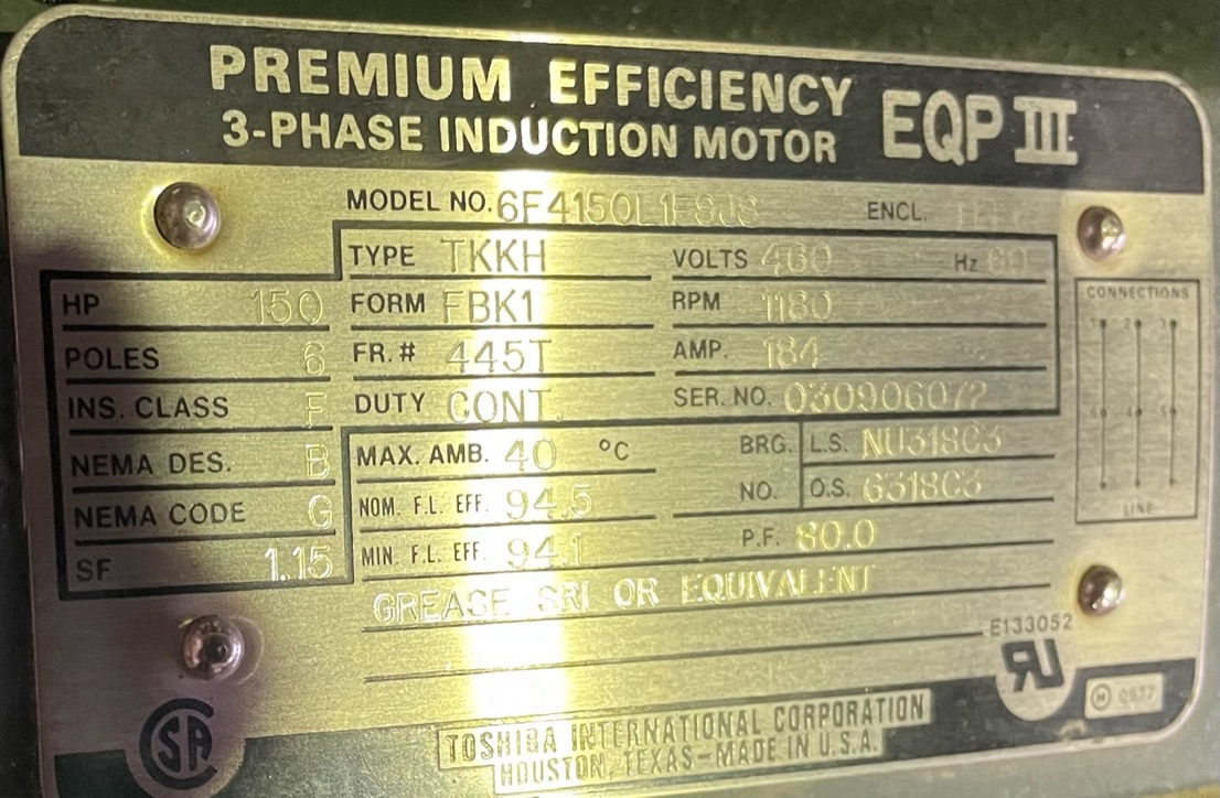 Toshiba 150 HP 1200 RPM 445T Squirrel Cage Motors 87624