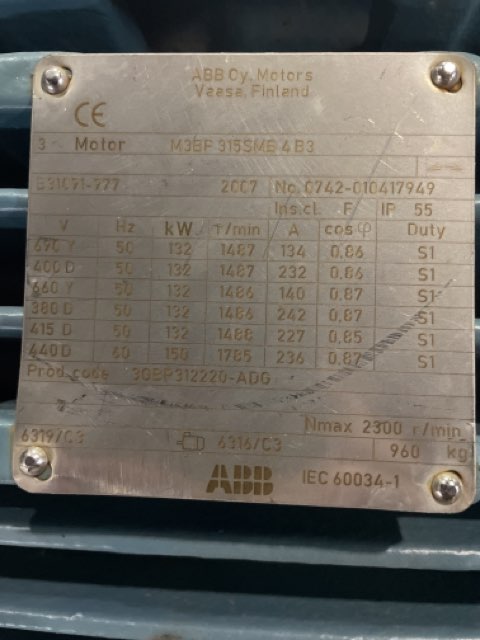 ABB 200 HP 1800 RPM 315SD Squirrel Cage Motors 87636