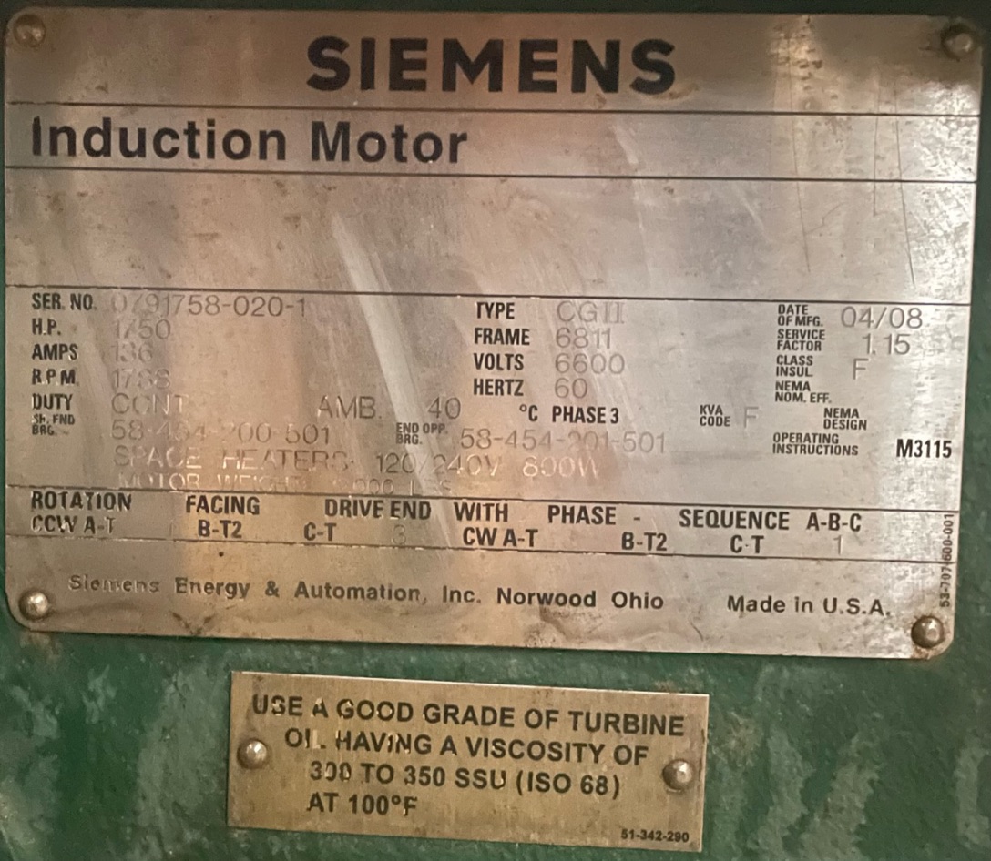 Siemens 1750 HP 1800 RPM 6811 Squirrel Cage Motors 87643