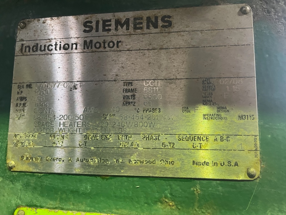 Siemens 1750 HP 1800 RPM 6811 Squirrel Cage Motors 87645