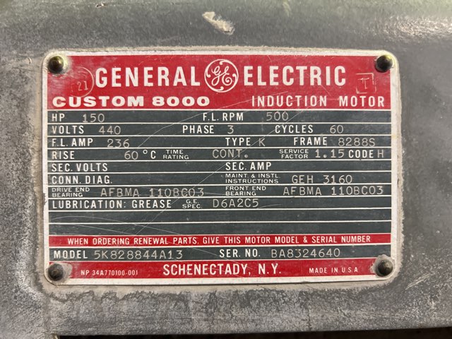 General Electric 150 HP 514 RPM 8288S Squirrel Cage Motors 87657