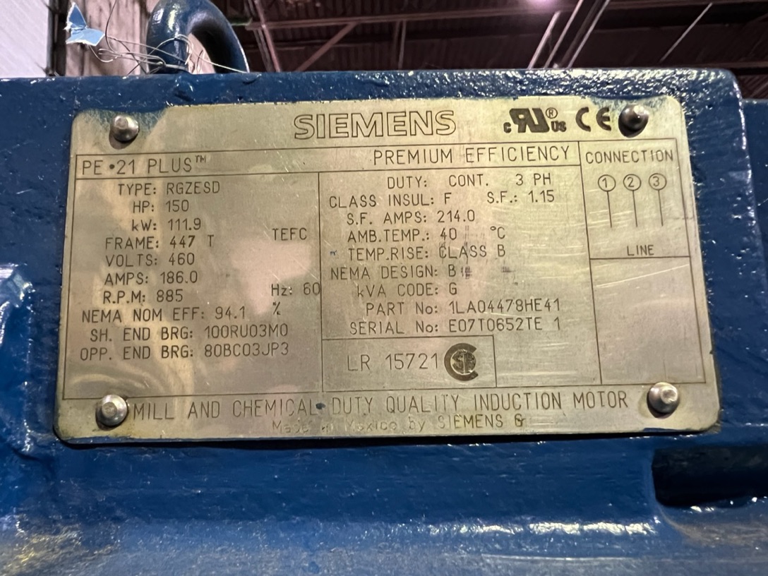 Siemens 150 HP 900 RPM 447T Squirrel Cage Motors 87695