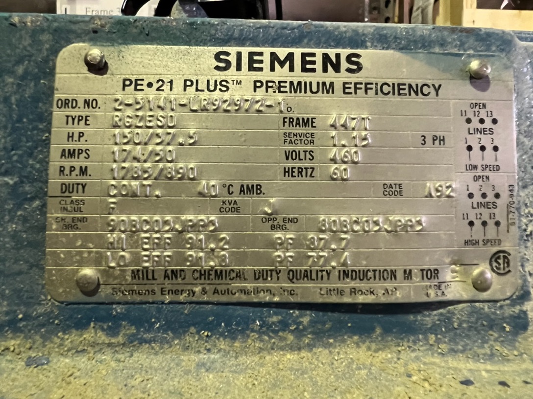 Siemens 150 HP 1785 RPM 447T Multi Speed Motors 87698