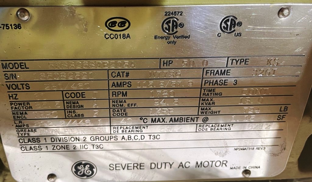 General Electric 50 HP 1800 RPM 326T Squirrel Cage Motors 87716