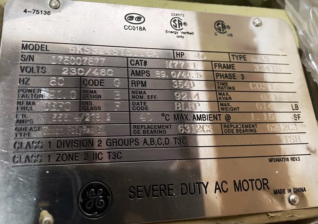 General Electric 40 HP 3600 RPM 324TS Squirrel Cage Motors 87721