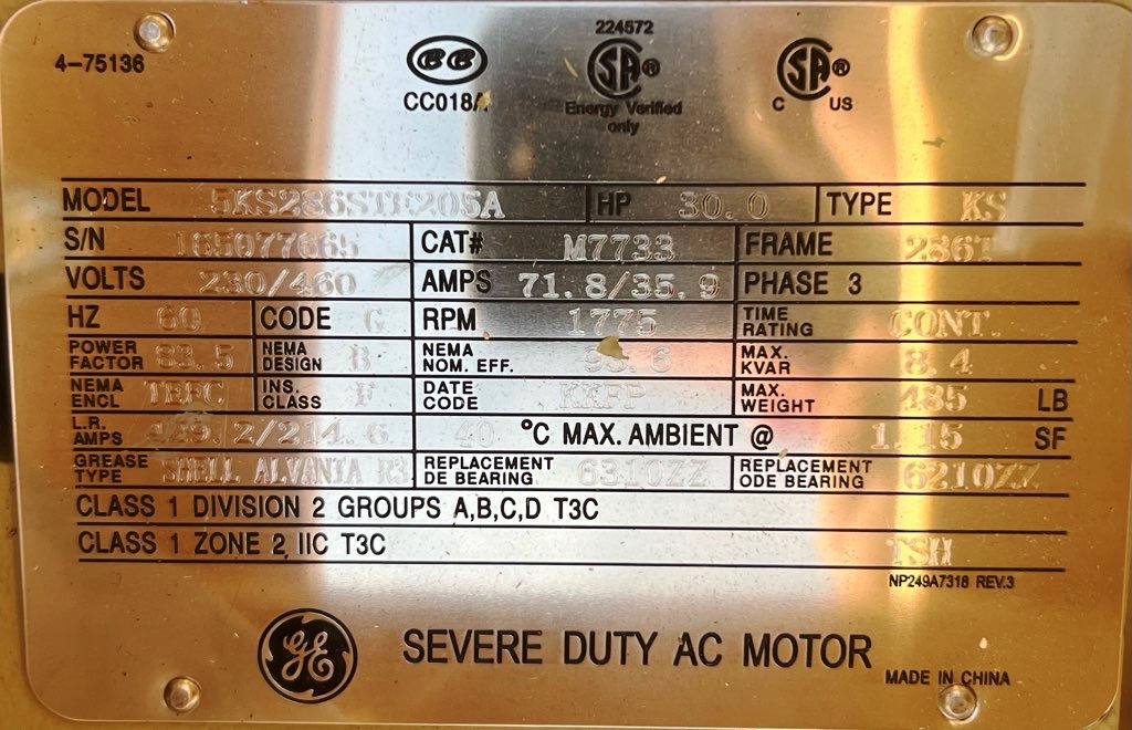 General Electric 30 HP 1800 RPM 286T Squirrel Cage Motors 87731