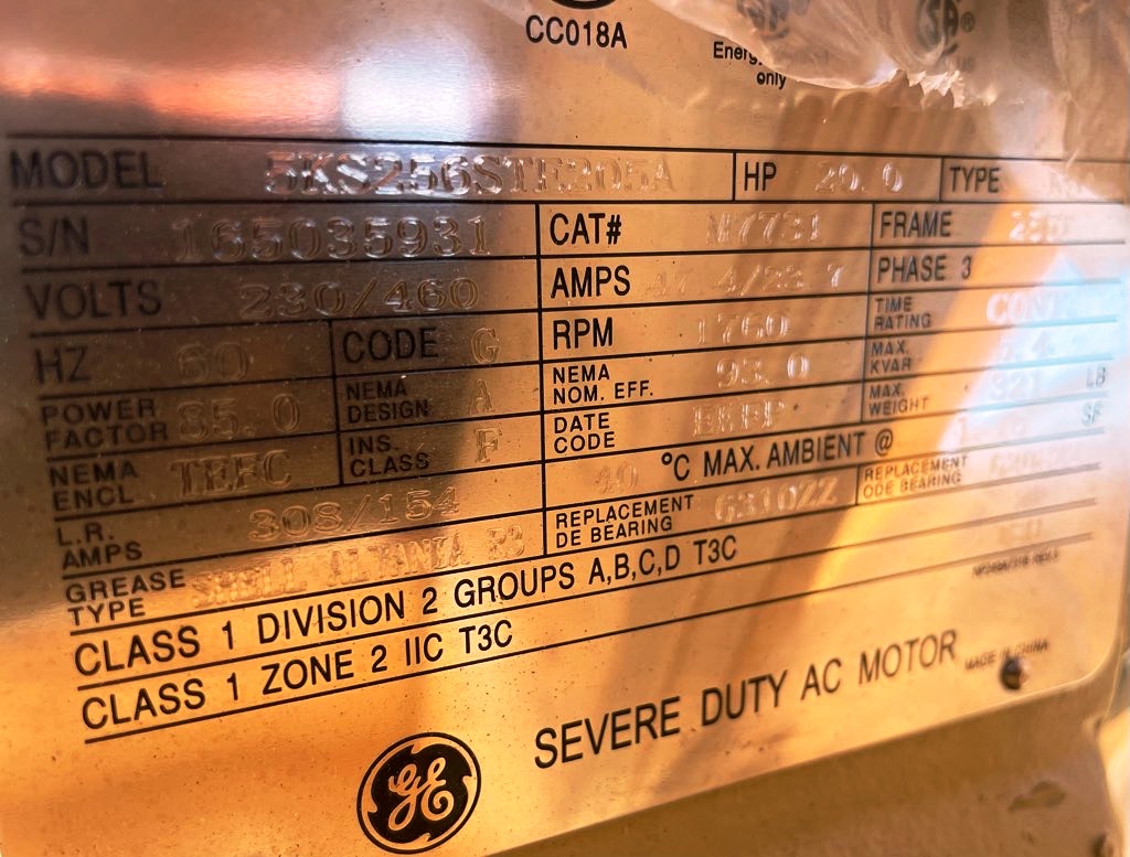 General Electric 20 HP 1800 RPM 256T Squirrel Cage Motors 87838